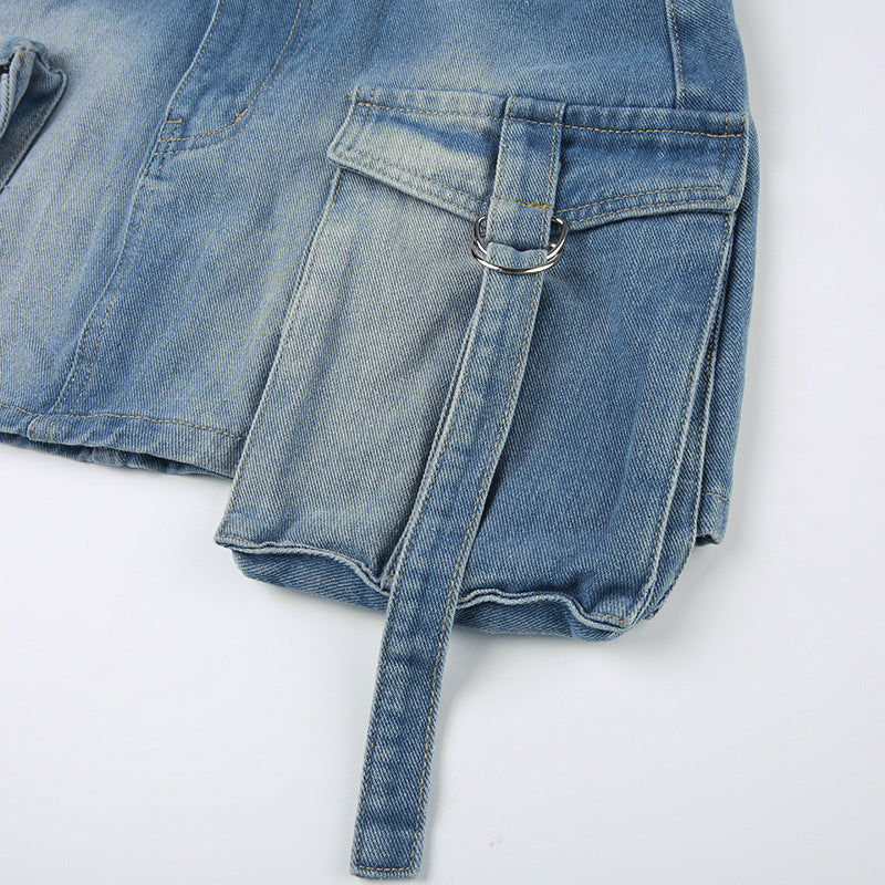 Women's Tie Dye Distressed Patchwork Irregular Pocket High Waist Zipper Slim Denim Skirt 23