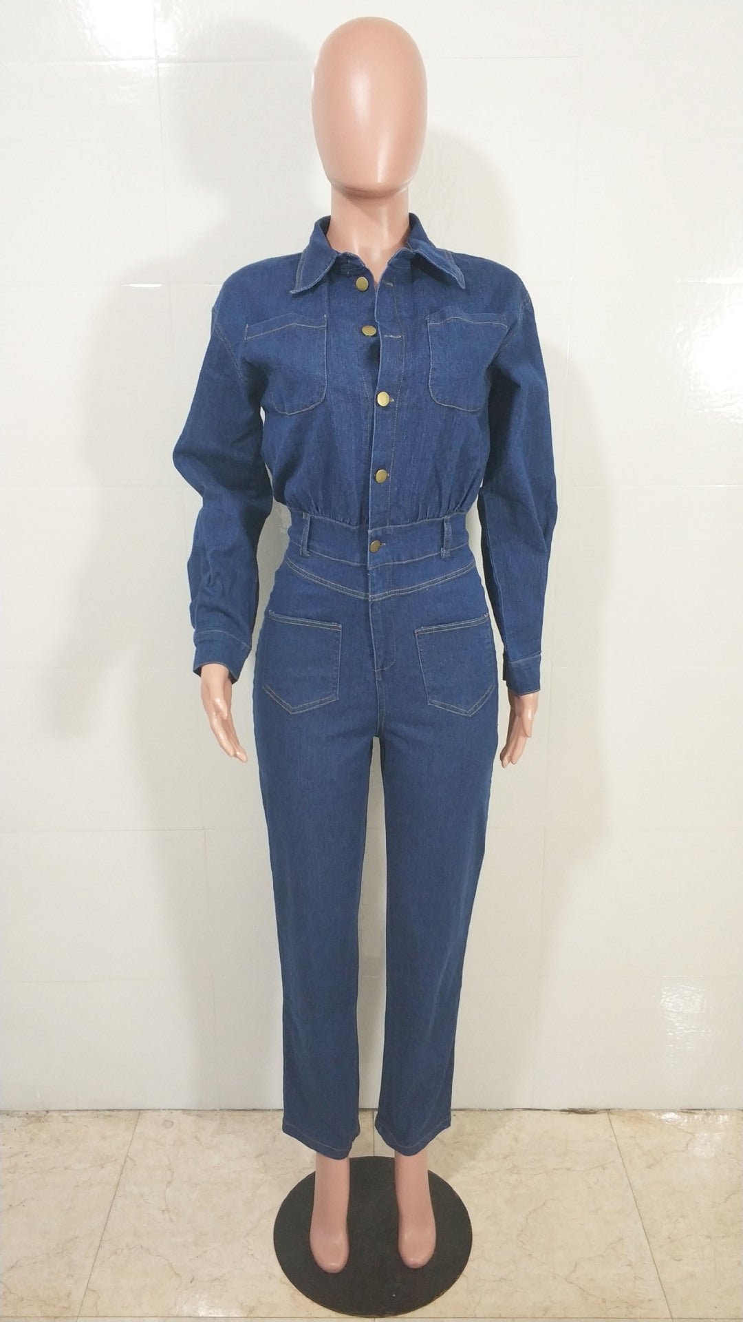 Women's Slim-Fitting Stretch  Washed Denim Pocket Jumpsuit 5