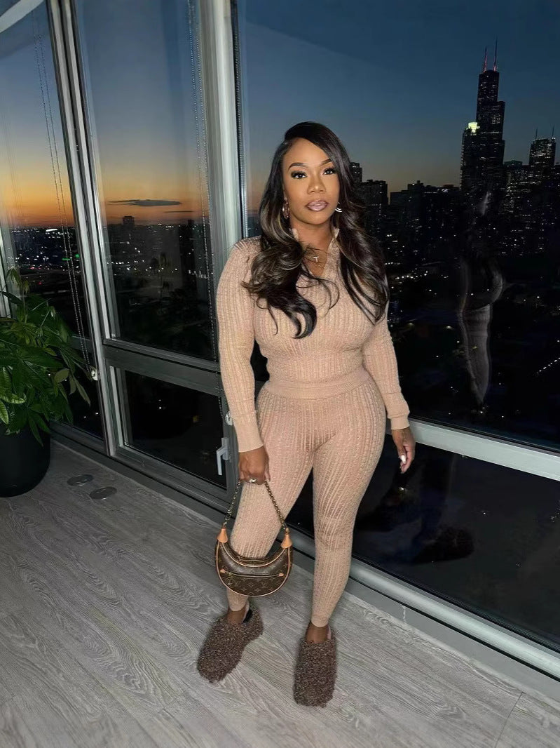 Women knitting Casual Top and Pant Two Piece Set