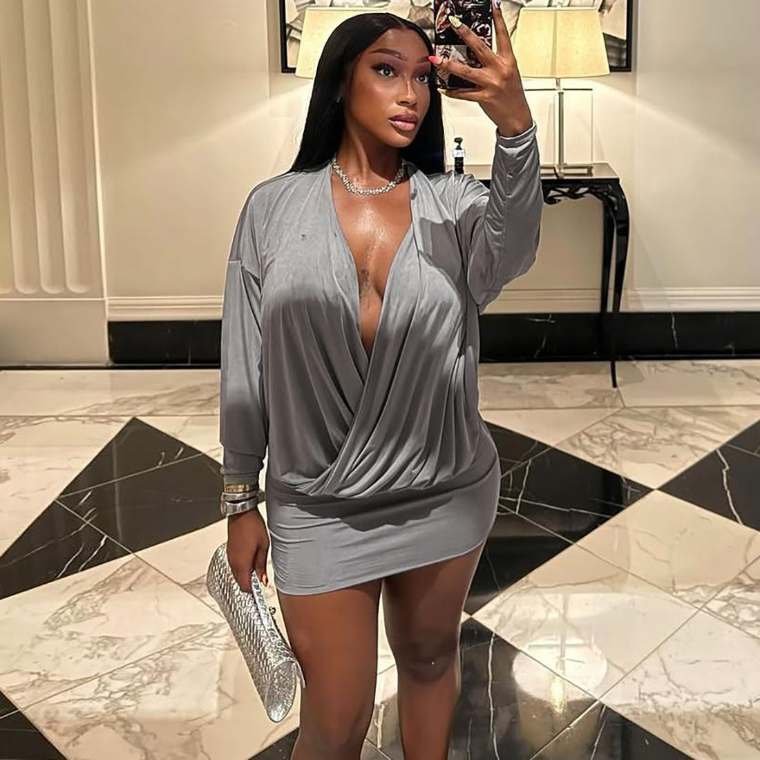 Autumn Outfit Sexy Fashion Deep V-Neck Long Sleeve Bodycon Dress 4