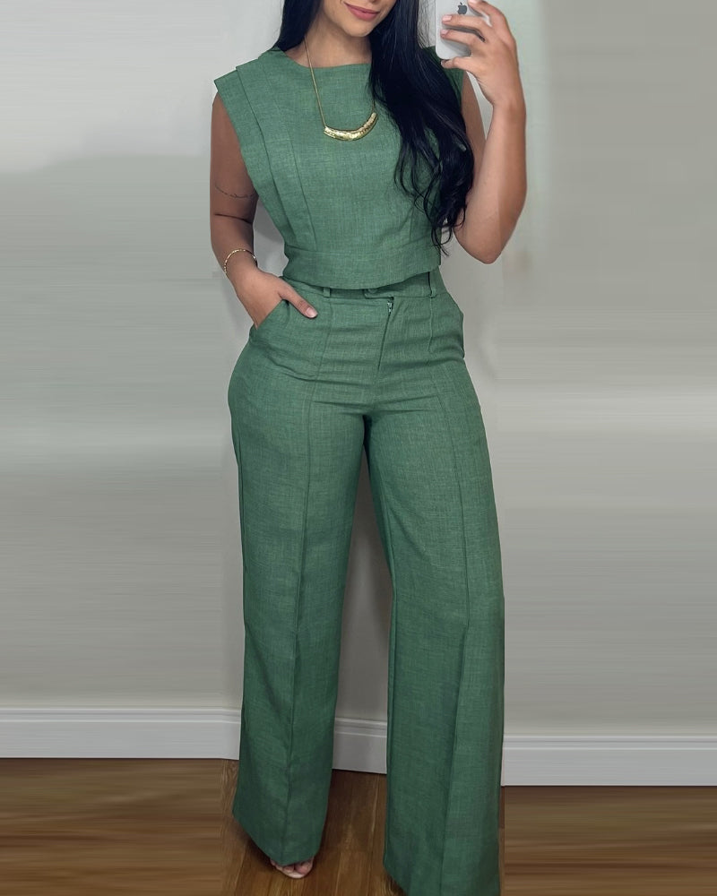 Women Round Neck Crop Top and Pants Casual Two Piece Set 4