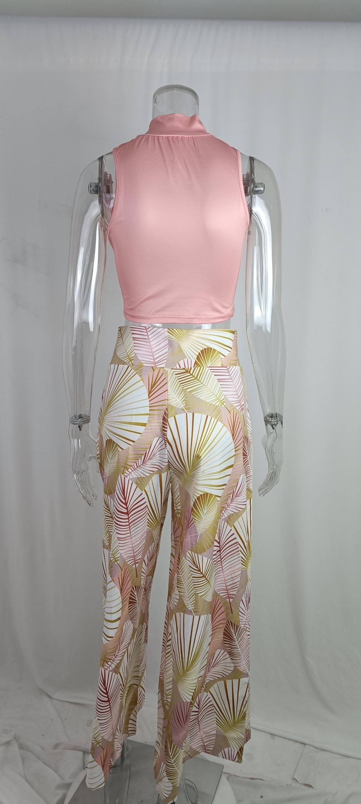 Women Round Neck Sleeveless Top and Print Pant Two Piece 6