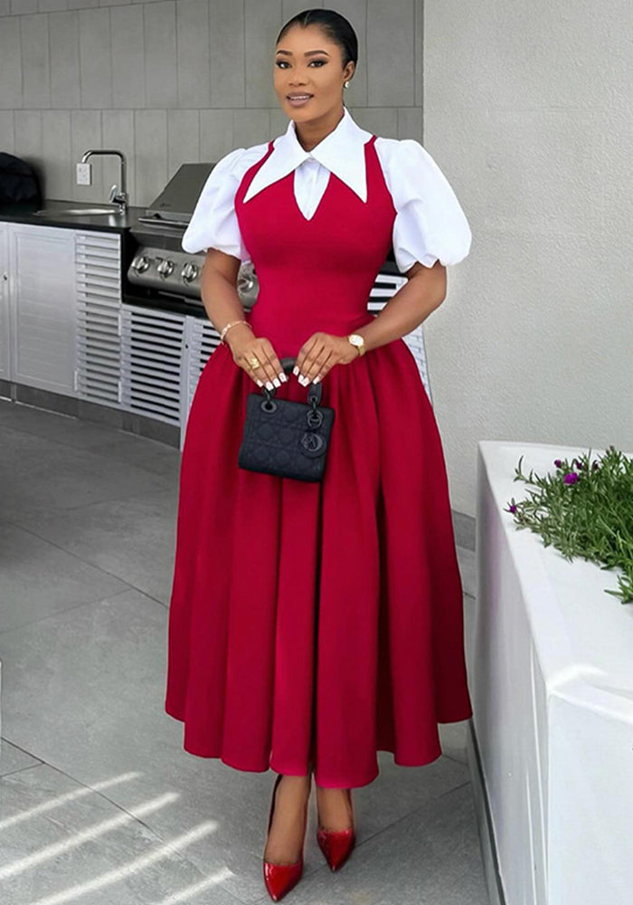 Women autumn elegant puff sleeve shirt collar dress