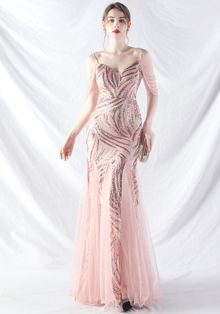 Sequin Patchwork Mesh strap luxury evening dress