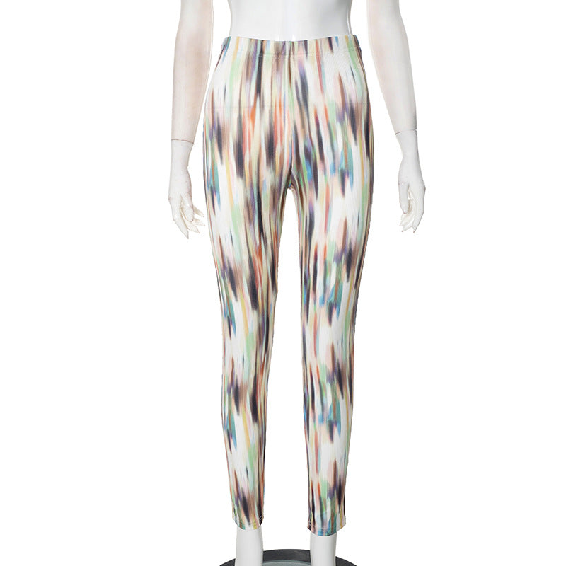 Women spring and summer Strapless off-shoulder zipper tie-dye top and pants two-piece set 9