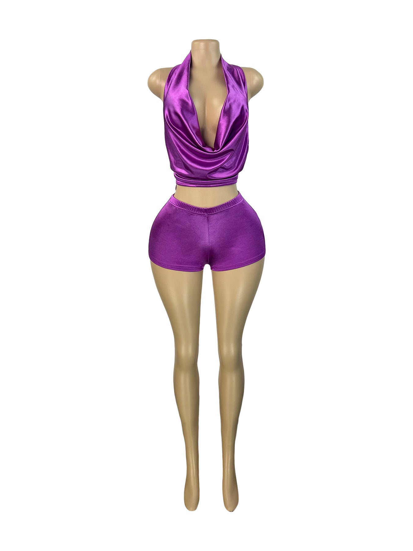 Women Satin Halter Neck Lace-Up V-neck Top and Shorts Two-piece Set 8