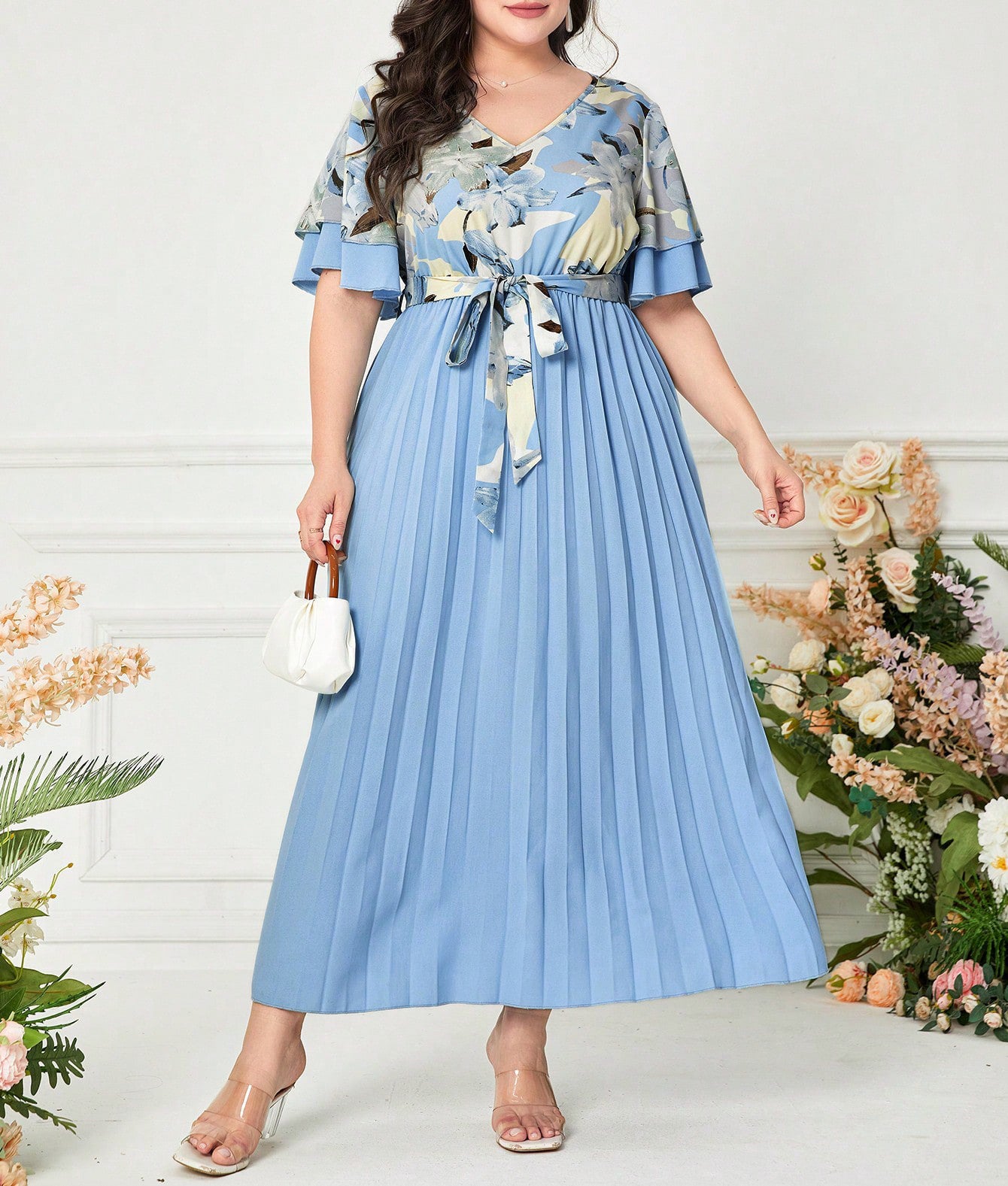 Plus size Women trendy pleated summer print v-neck dress