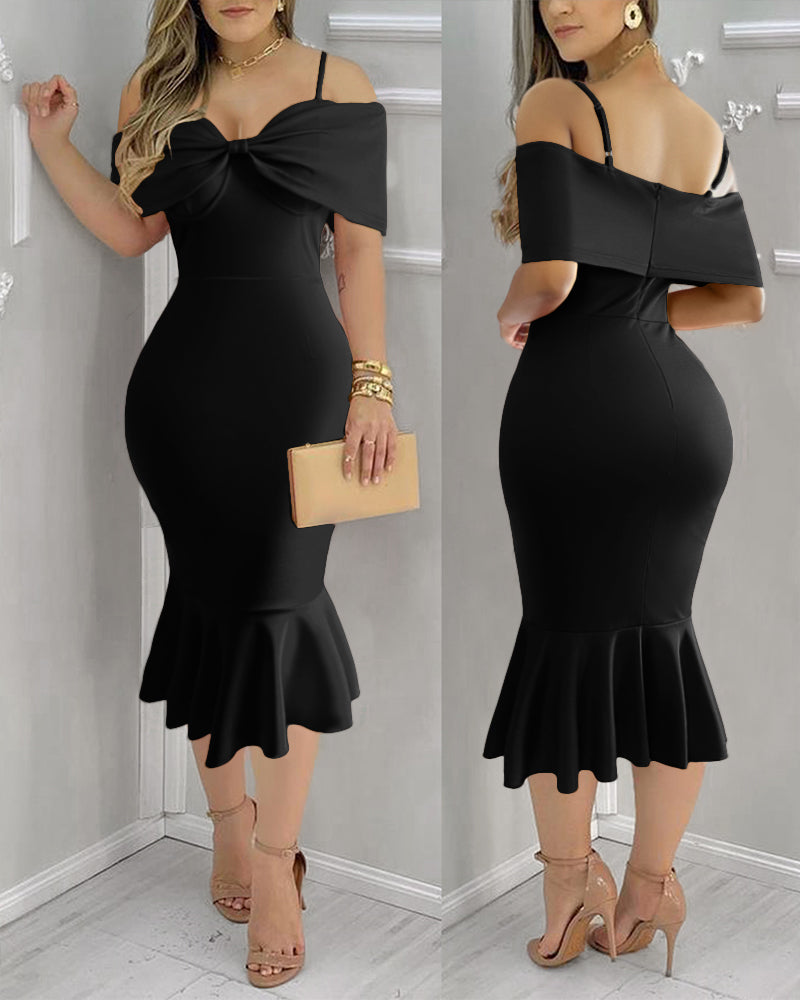 Women Red Bow Off Shoulder Suspender Fishtail Dress