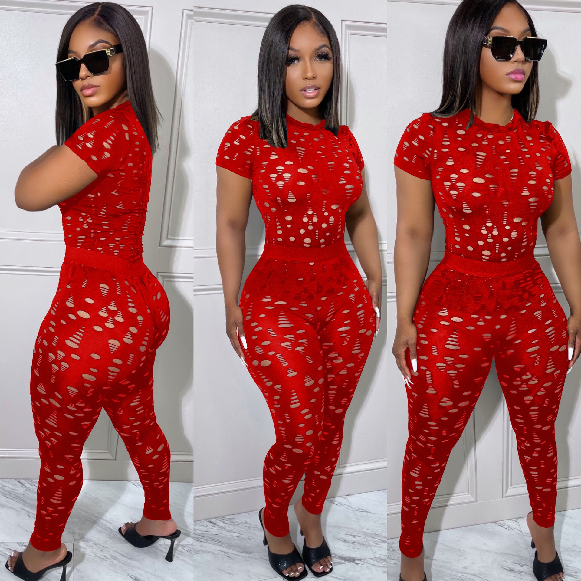 Women Stretch Ripped Round Neck Solid Top and Pant Two-Piece Set 5