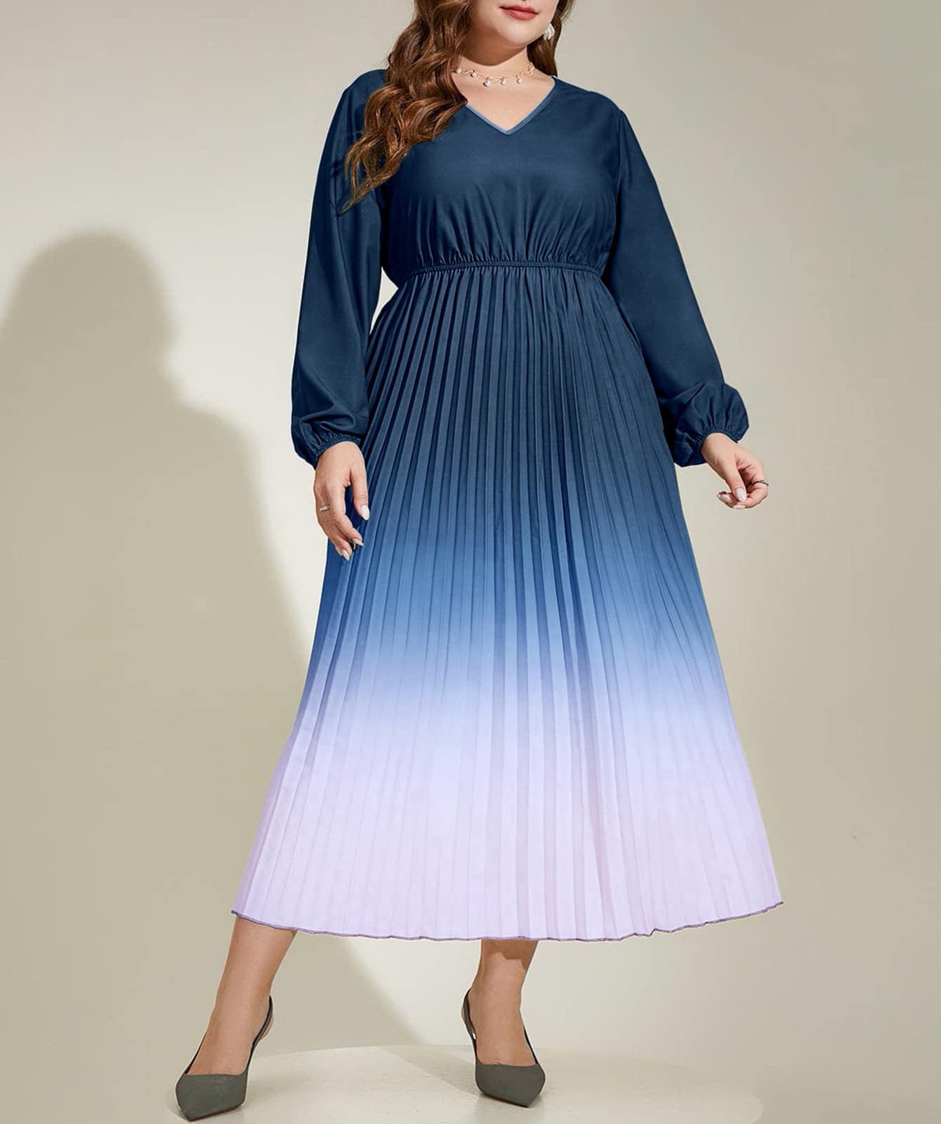 Autumn Chic Gradient Pleated Plus Size Long Sleeve Women's Long Dress 3