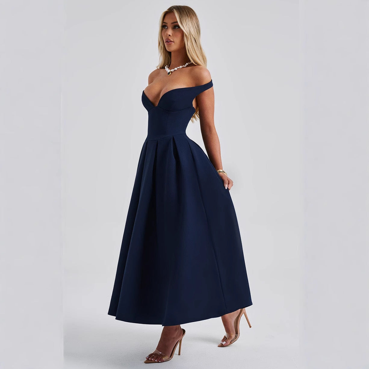 Spring Summer Women's Fashion Elegant Off Shoulder V-Neck Low Back Evening Dress