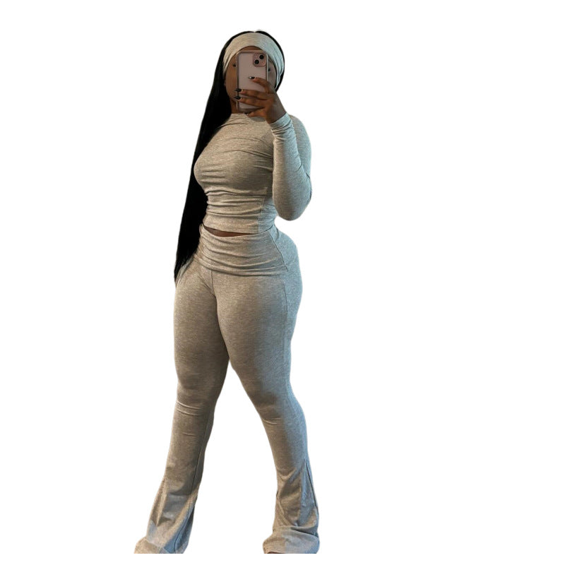 Tight Fitting Solid Color Sexy Slim Elastic Band Turban Two Piece Pants Set 10