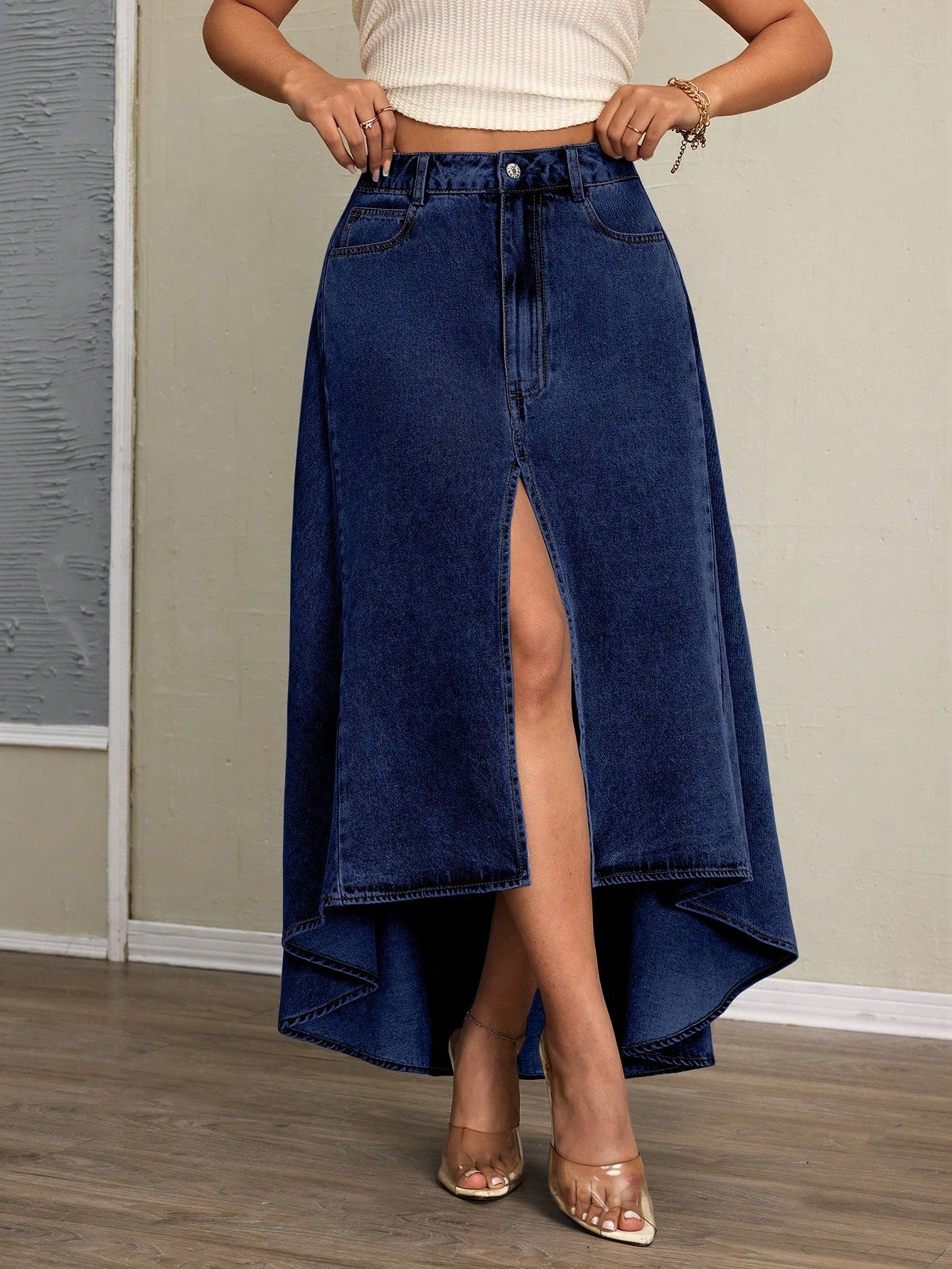 Women's Irregular Elegant Slit Denim Long Skirt 4