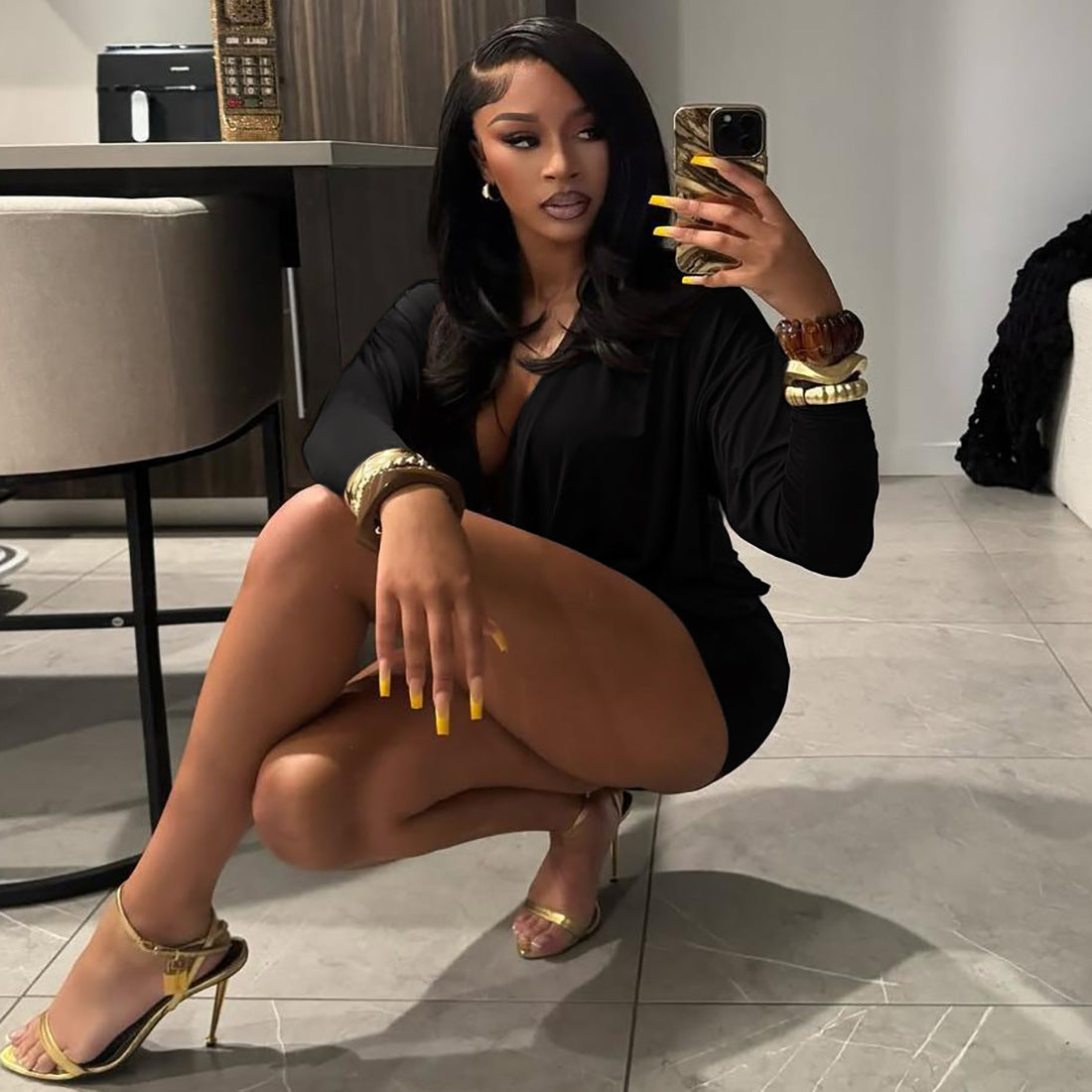 Autumn Outfit Sexy Fashion Deep V-Neck Long Sleeve Bodycon Dress 18