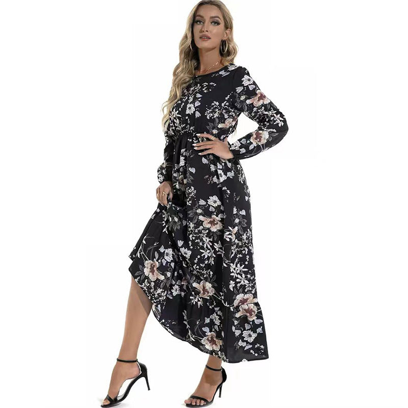 Women Long Sleeve Printed Round Neck Floral Dress 6