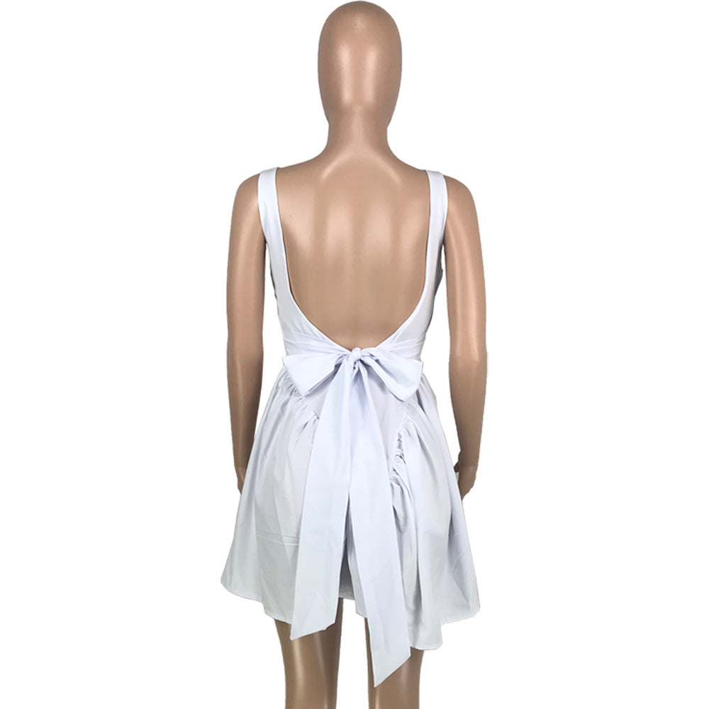 Women's Solid Color Low Back Zip Tie Pleated Casual Fashion Sexy Loose Strap Dress 15