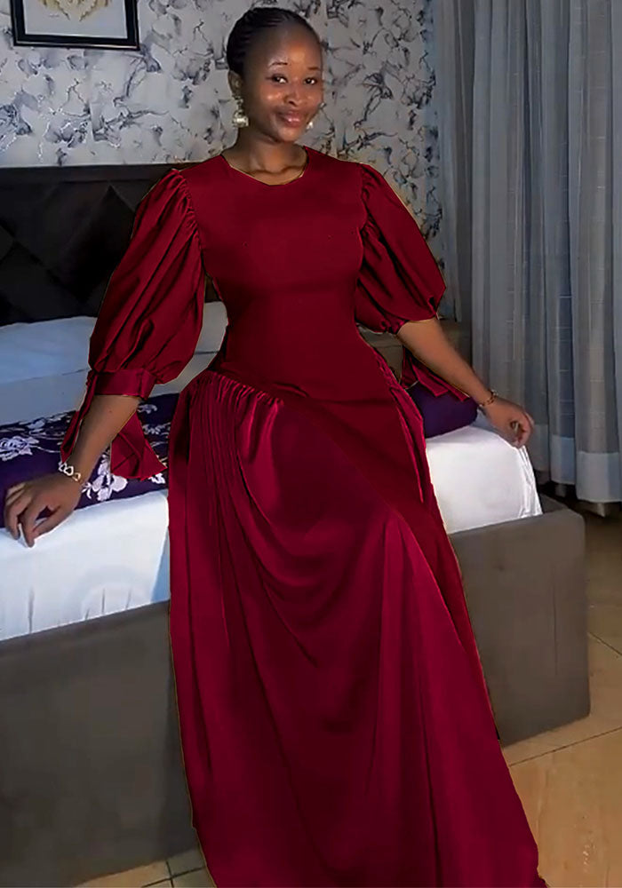 Round Neck Elegant Party Evening Dress Patchwork Fashion Puff Sleeve Party Dress