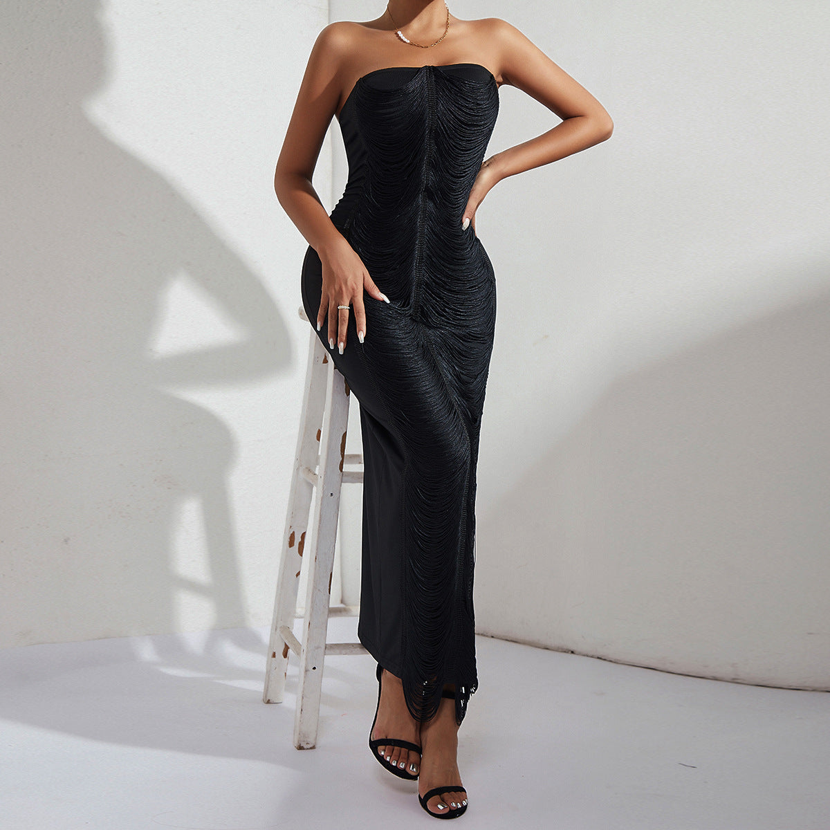 Women Tassel Sexy Strapless Dress 4