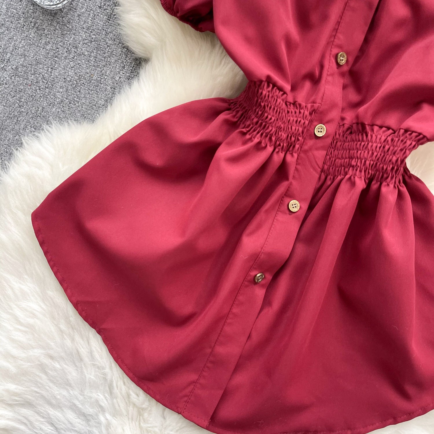 Women Contrast Patchwork Puff Sleeve Stretch Shirt 20