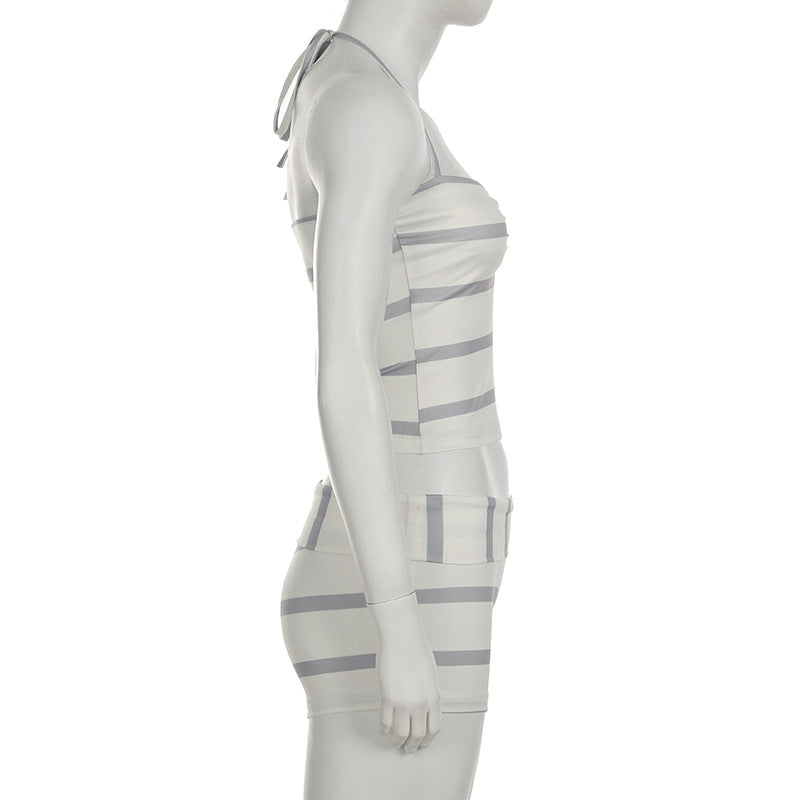 Women Casual Holidays Printed Striped Contrast Halter Neck Strap Top and Shorts Two-Piece Set 9