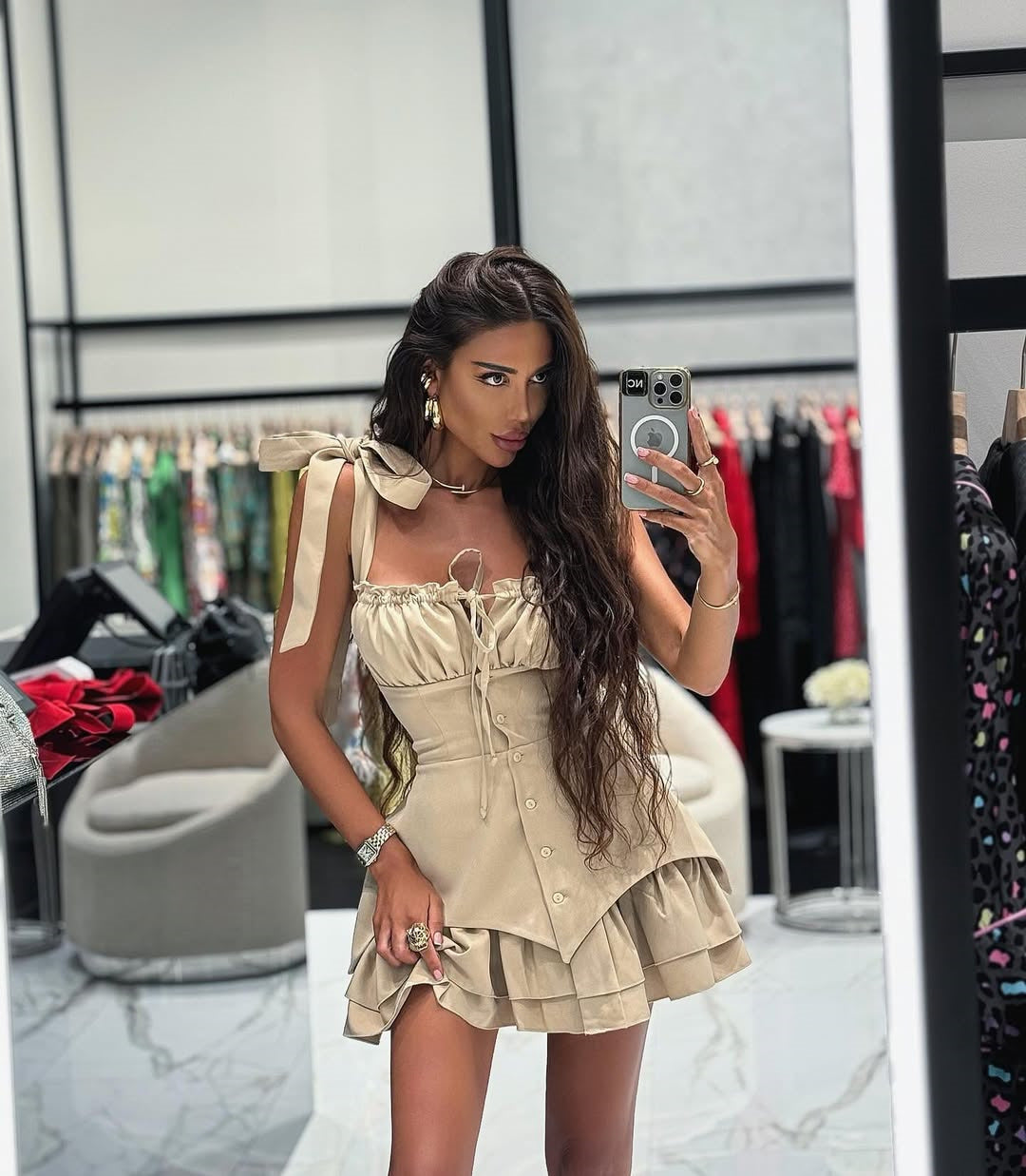 Women Summer Bow Tie Buttoned Irregular Strap Dress 4