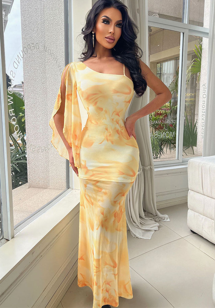 Sexy Slash Shoulder Strap Dress Women Holidays Fishtail Print Mesh Long Dress