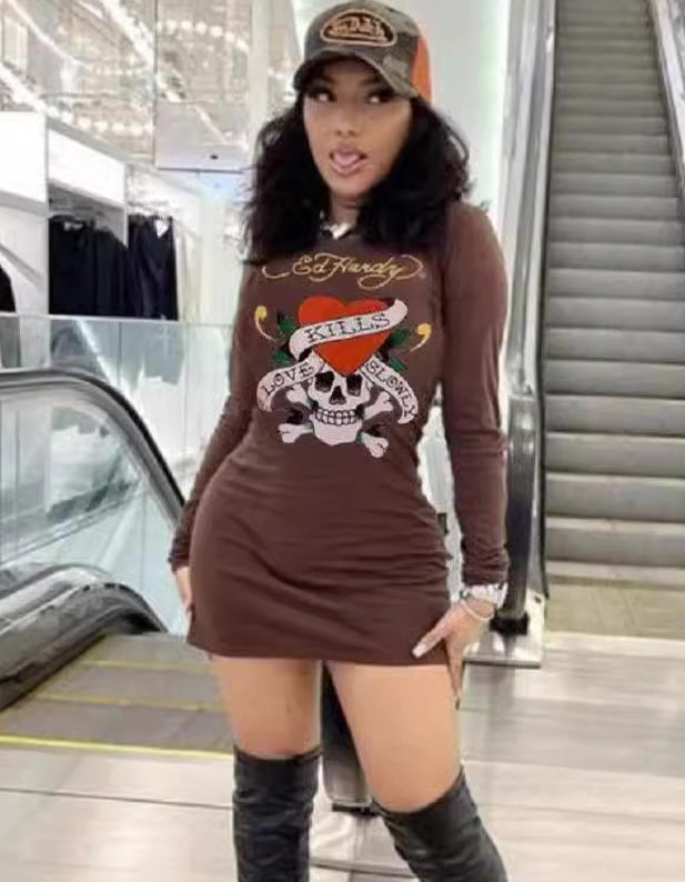 Trendy Printed Long Sleeve Slim Tight Women's Casual Dress