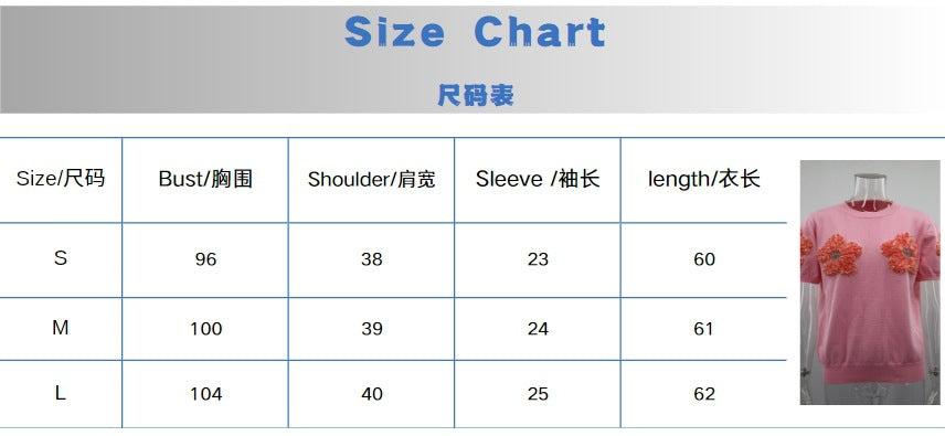 Women Contrast Color Flower Round Neck short-sleeved Top 15