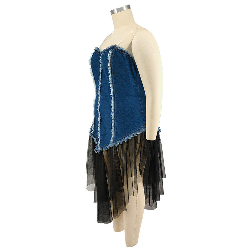 Plus Size Women Suspender Off Shoulder Denim Patchwork Mesh Dress 9