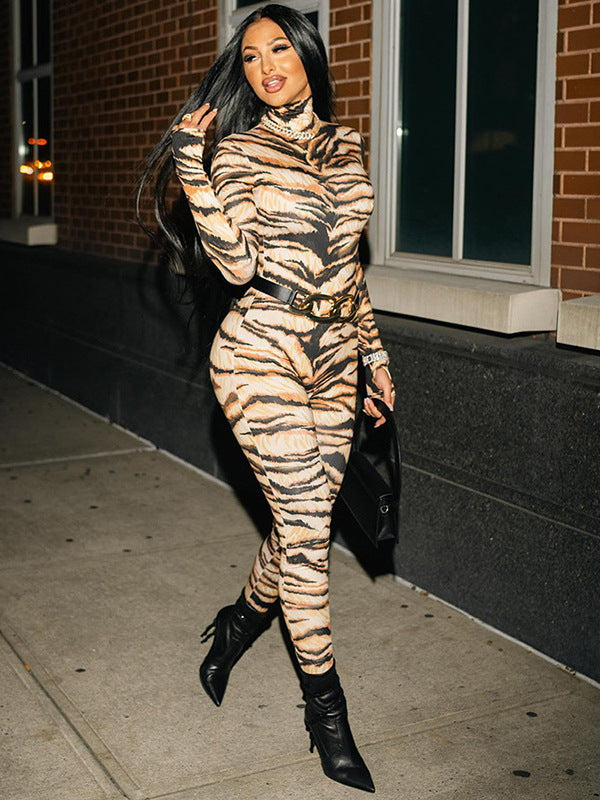 Women Sexy Tiger Print High Neck Bodysuit (Without Belt) 5