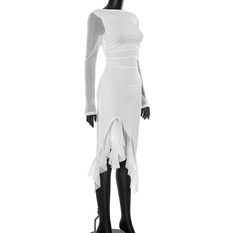Women Solid Round Neck Mesh Patchwork Long Sleeve Slit Ruffle Sexy Dress 7