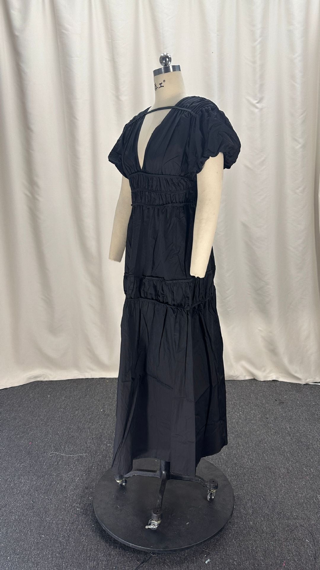 Women Spring V-Neck Zipper Puff Sleeve Hollow Maxi Dress 14