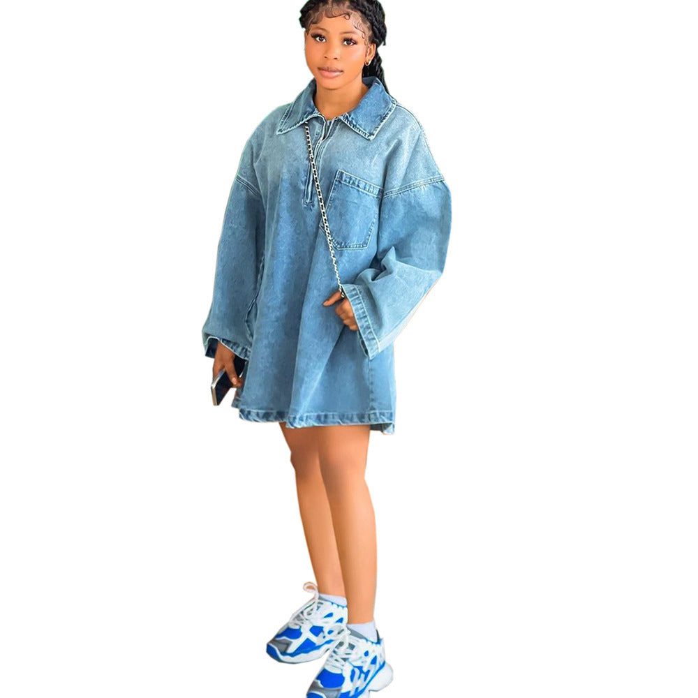 Spring Summer Women's Fashion Turndown Collar Loose Fashion Denim Dress 6