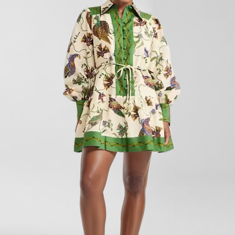 Women lace-up print Turndown Collar long sleeve pleated dress