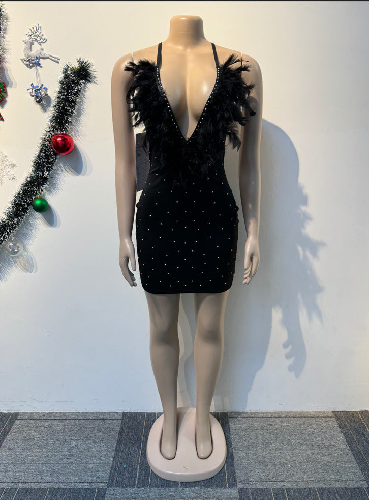 Women Sexy Beaded Feather V-Neck Backless Bodycon Dress 7