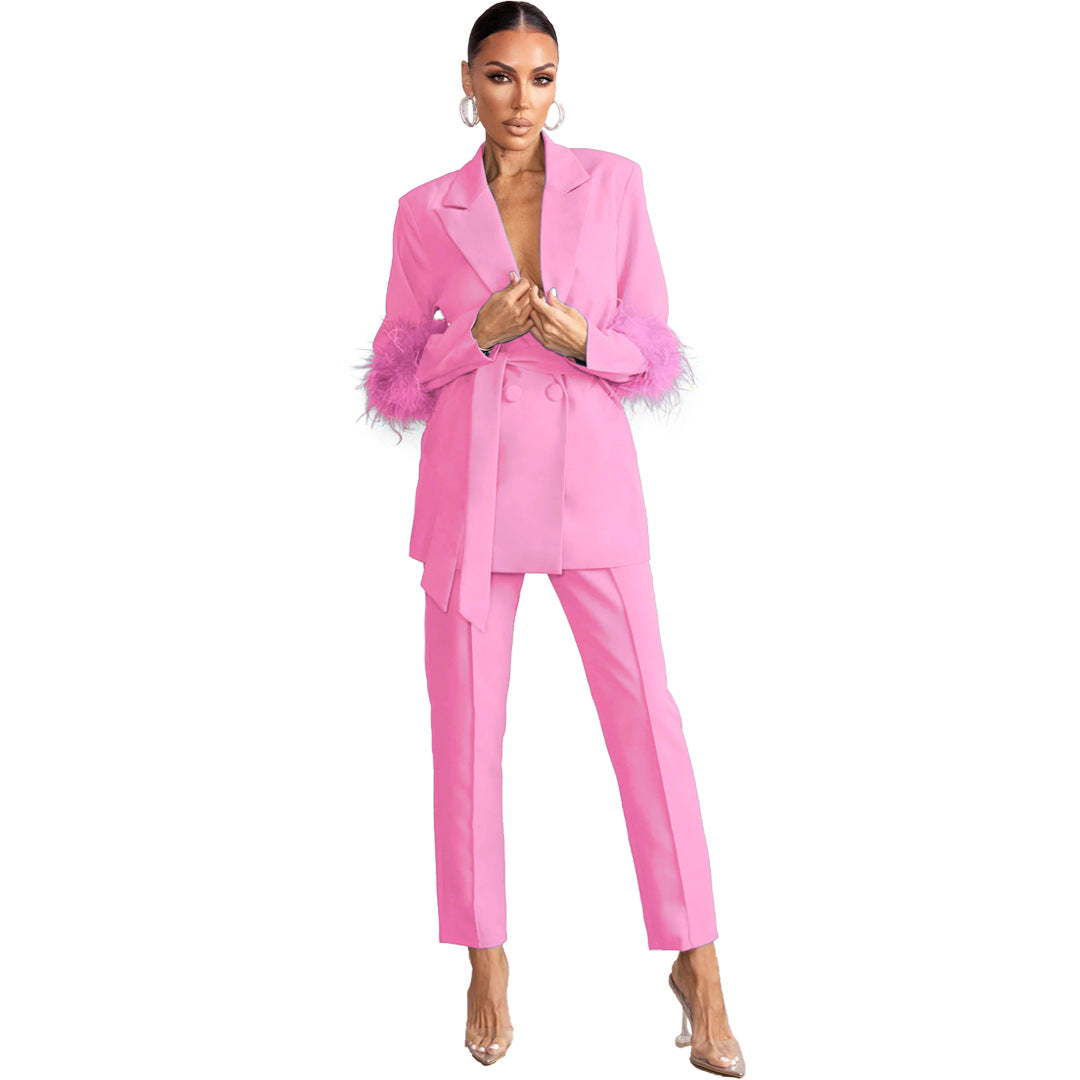 Fuzzy Fashion Casual Long Sleeve Two-Piece Blazer and Pants Set 10