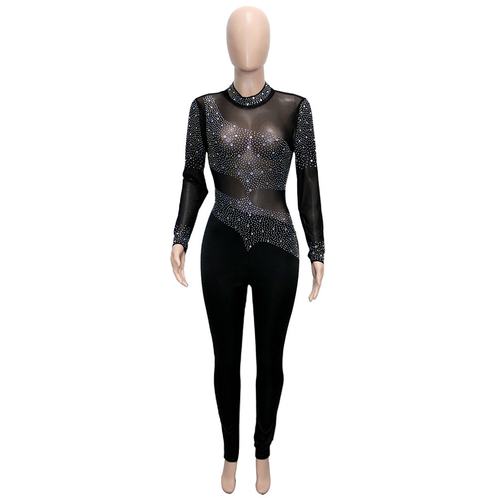 Women Sexy Mesh See-Through Beaded Long Sleeve Jumpsuit 6