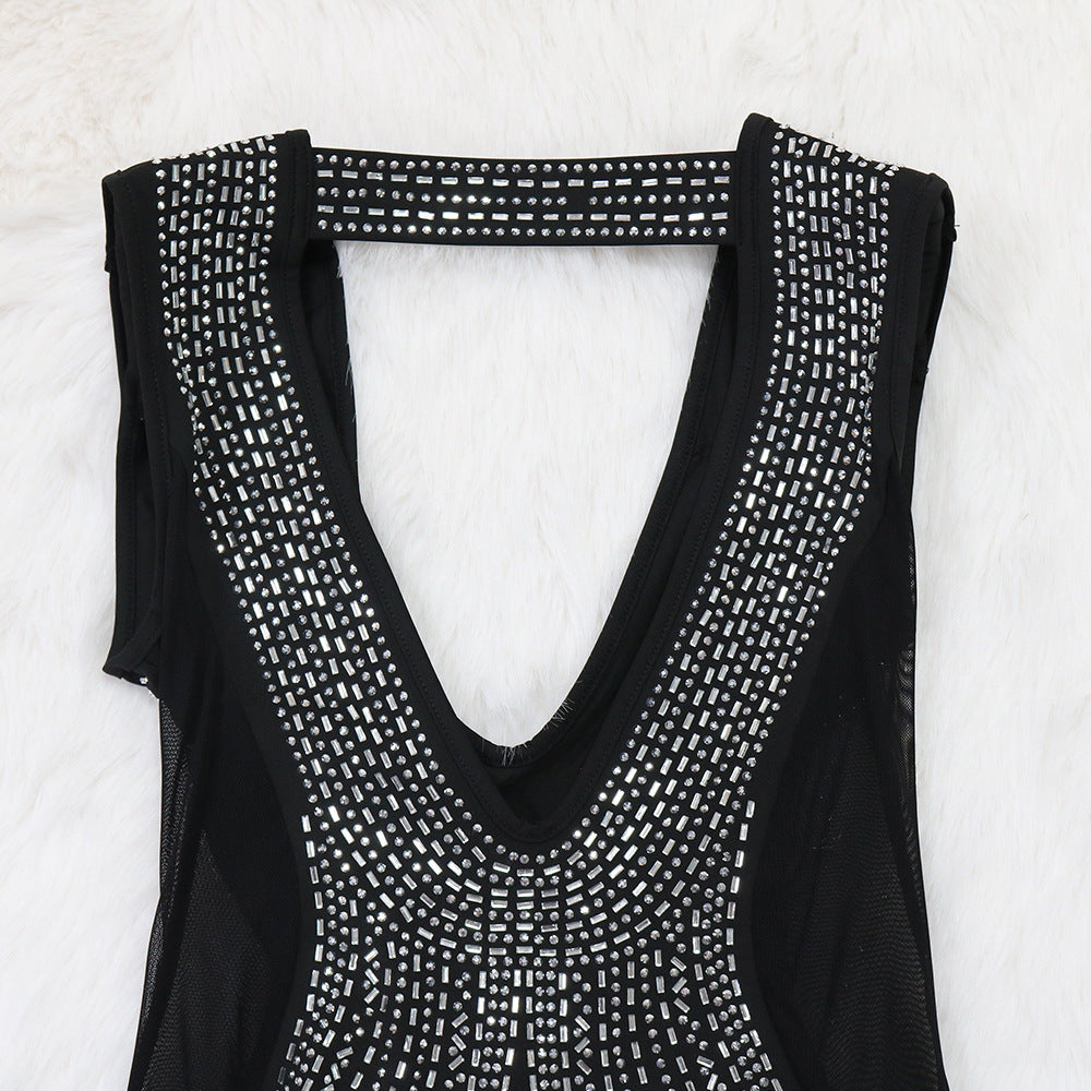 Women V-neck Sleeveless Bodycon Beaded Dress 11
