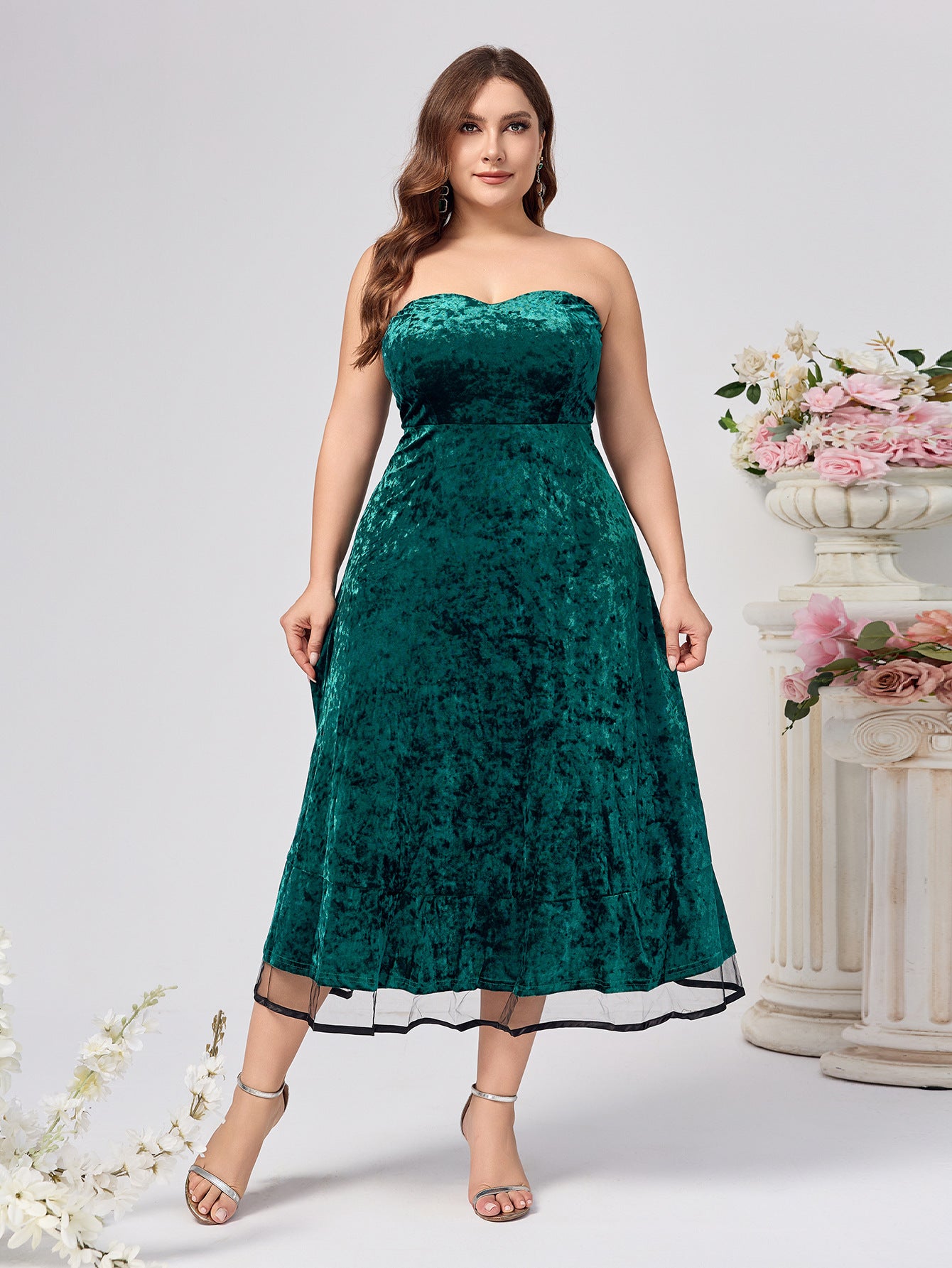 Plus Size Women Gold Velvet Solid Formal Party Dress