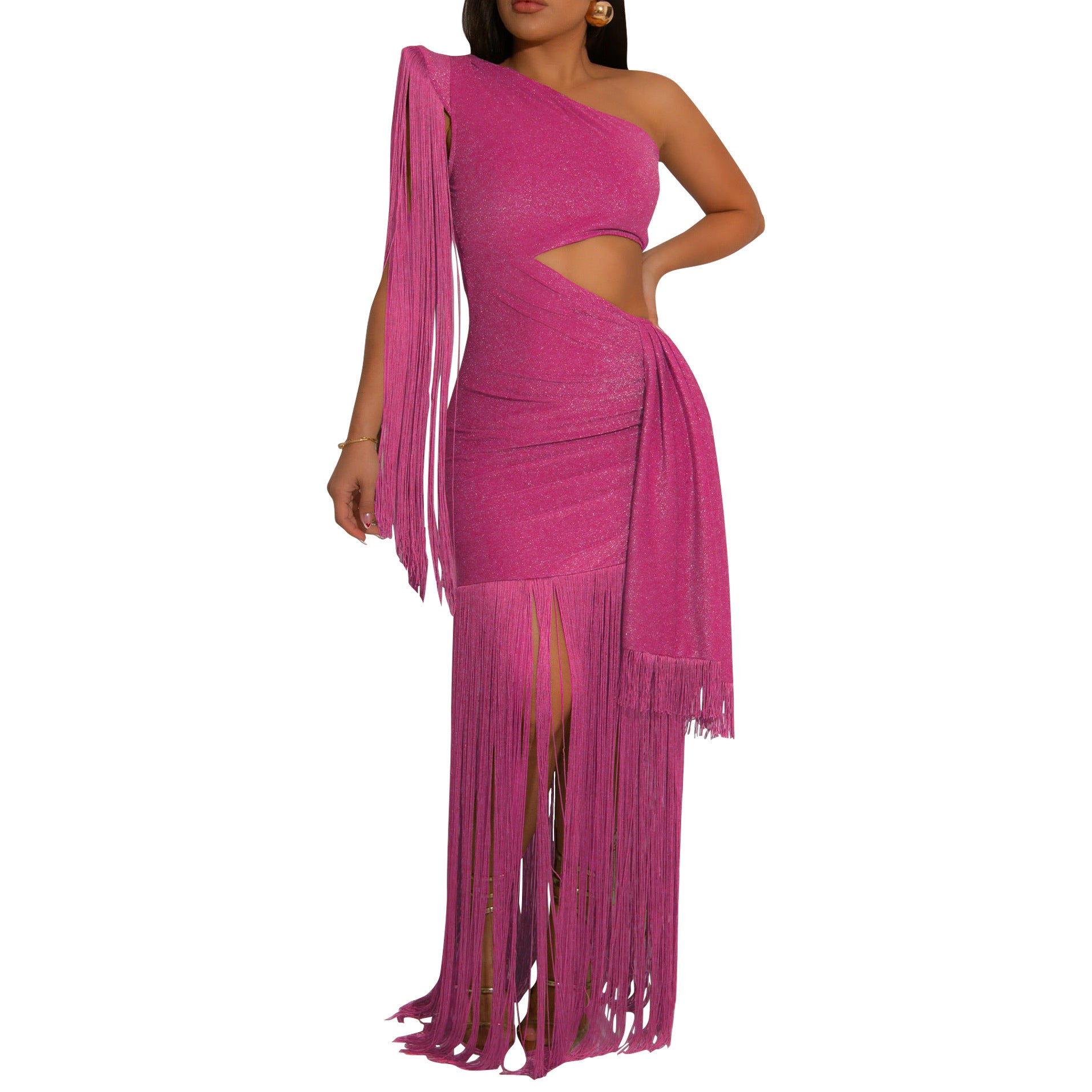 Women Silky Shiny Tassel Off-Shoulder Sexy Dress 15