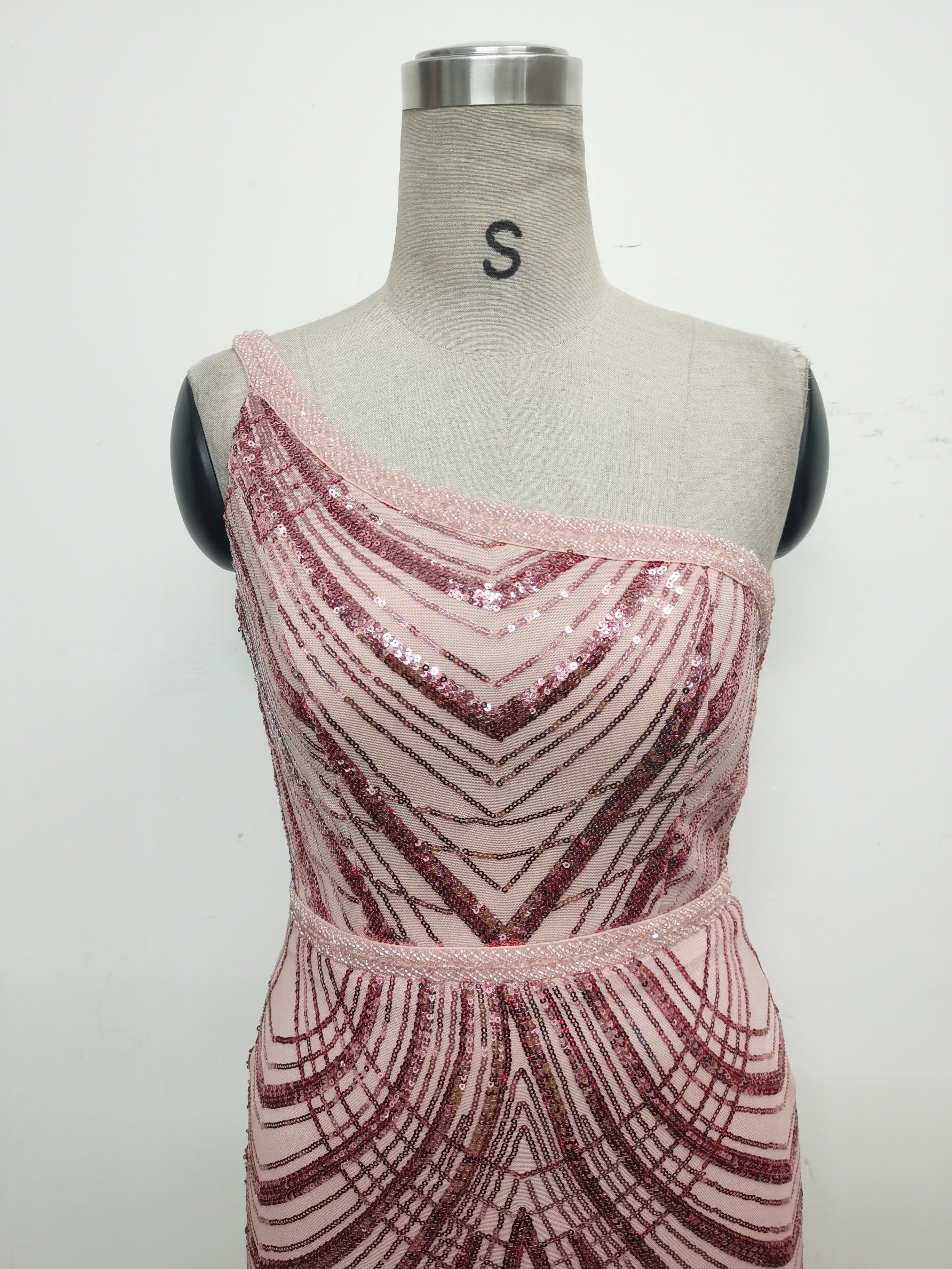 Women Flower Sequin Beaded One-shoulder Evening Dress 21