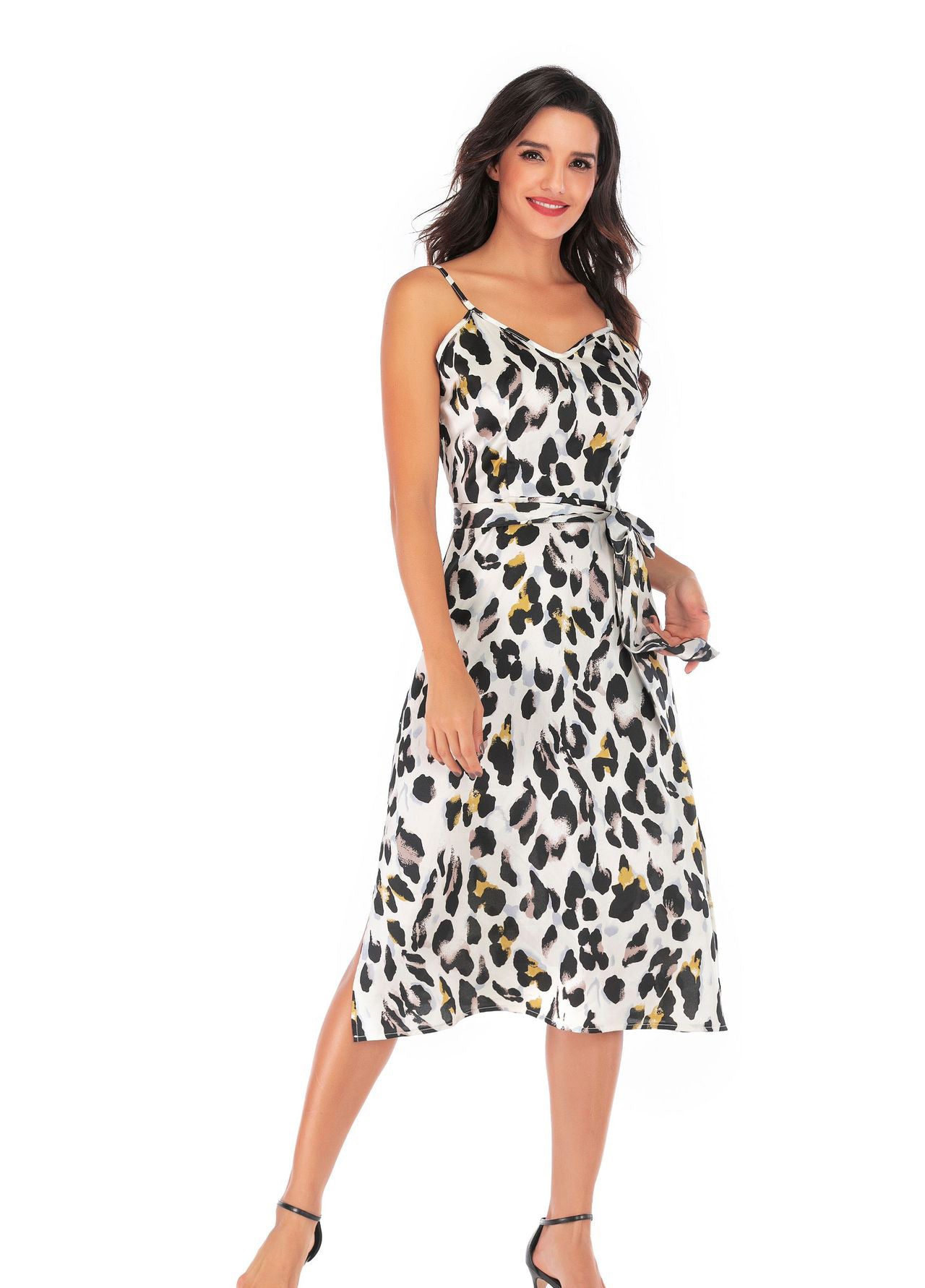 Women See-Through Chiffon Print Sexy Slit Lace-Up Dress 9