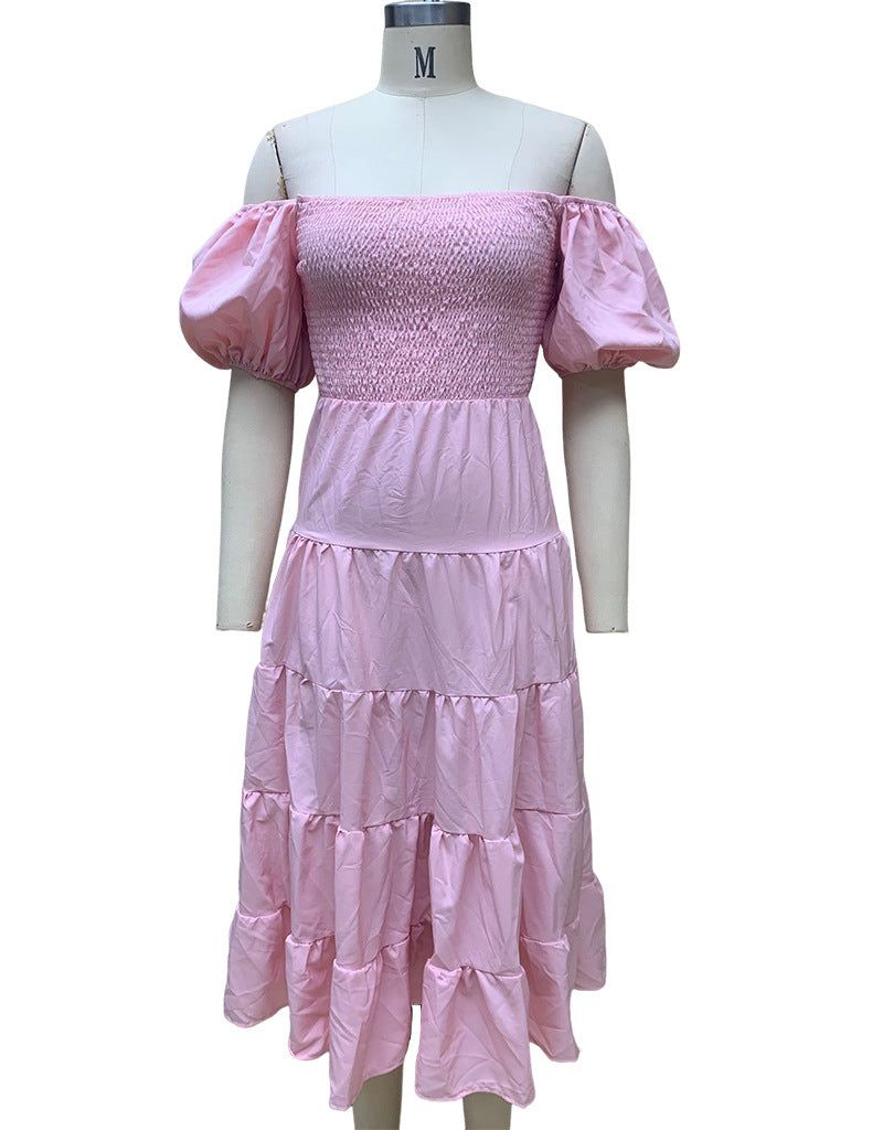 Summer Women's Fashion Loose Off Shoulder Puff Sleeve A-Line Midi Dress 21