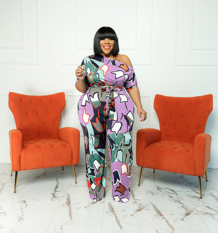 Plus Size Women summer Slash Shoulder print Jumpsuit with belt 5