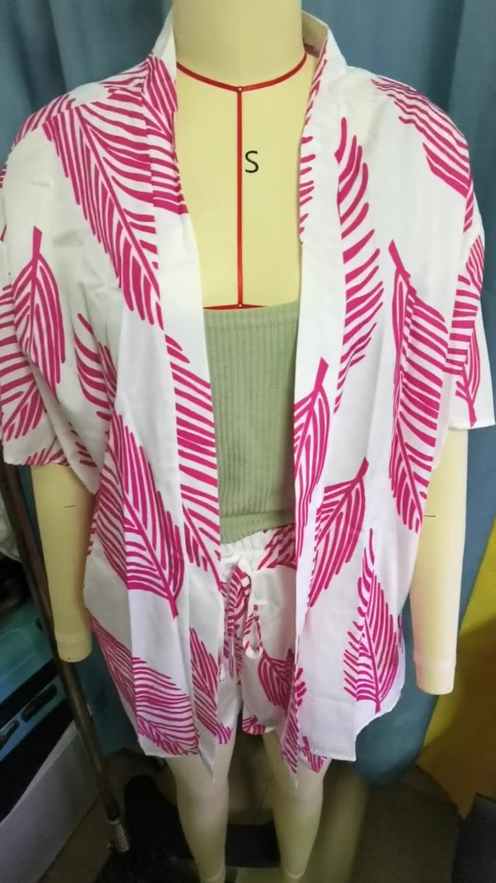 Spring Summer Women's Fashion Print Casual Holidays Cardigan Shorts Set 15
