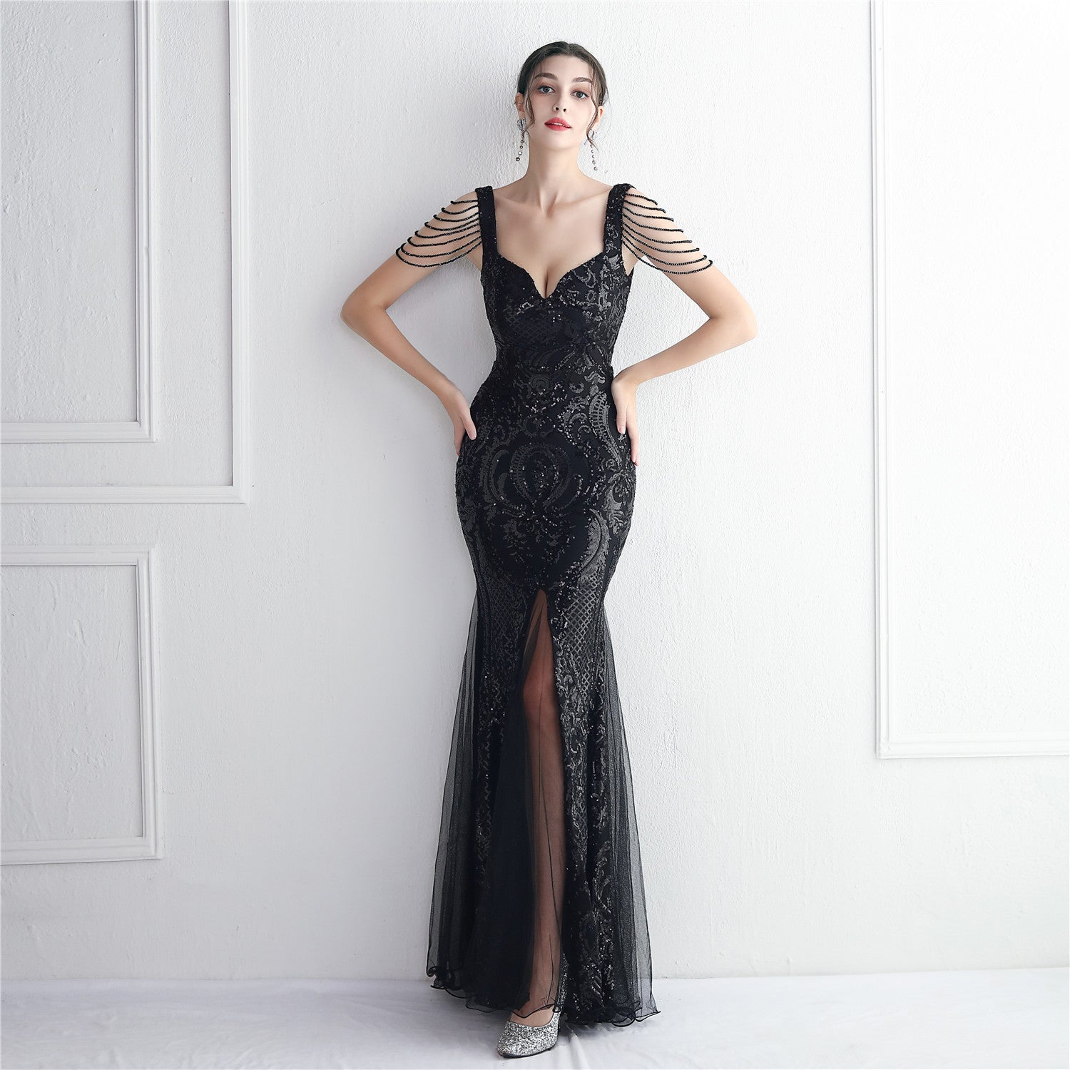 Chic Elegant Long Beaded Mesh Long Evening Dress Long Formal Party Slim Evening Dress 3