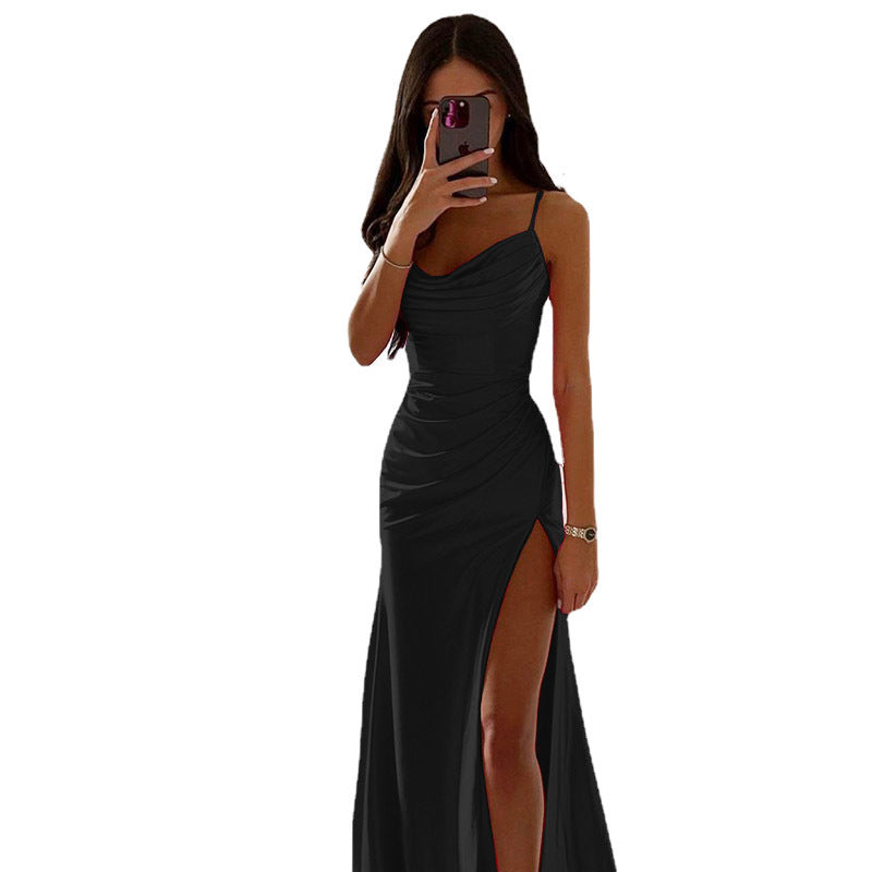 Spring Strapless Gathered Slit Satin Dress Sexy Slim Bodycon Dress 19
