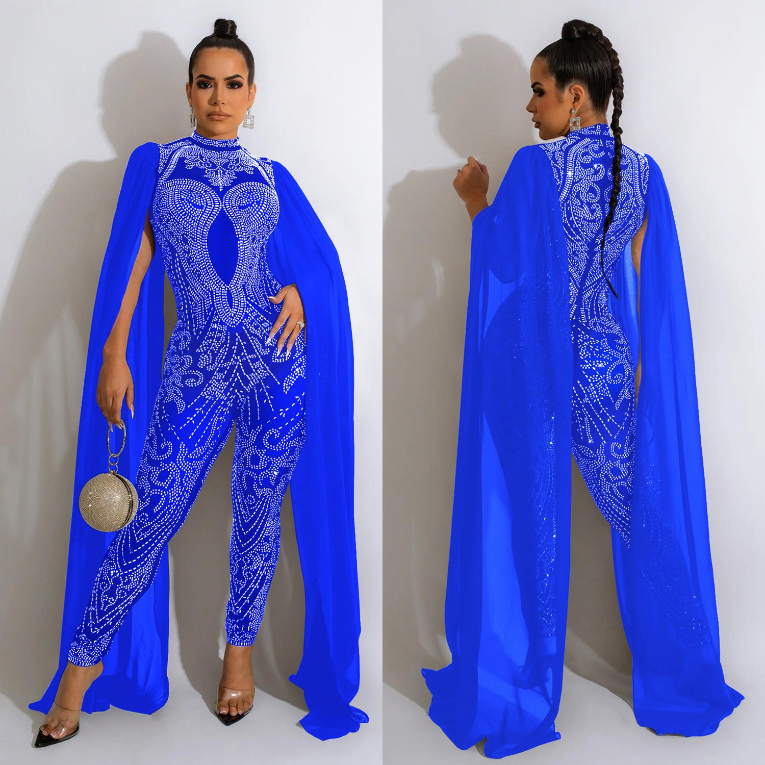 Women Beaded Mesh See-Through Slit Sleeve Jumpsuit 3