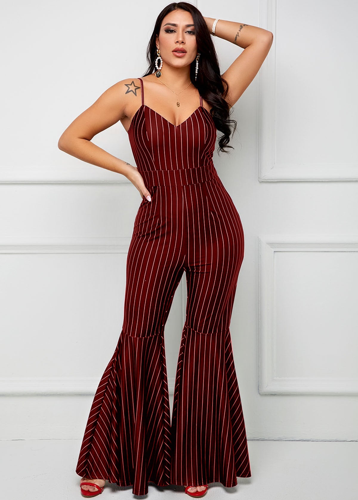 Sexy Fashion Straps Strap Stripes Bell Bottom Women's Jumpsuit 4
