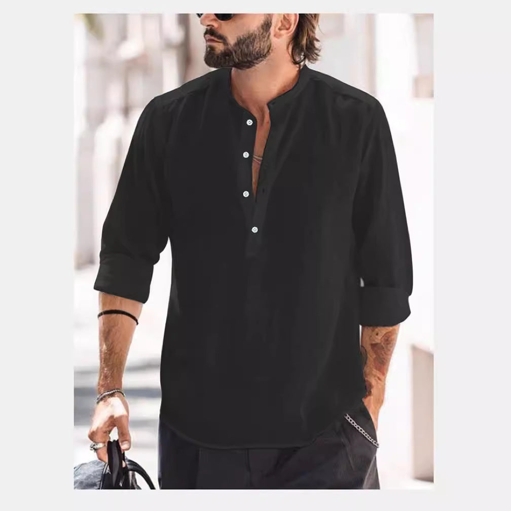 Men's Casual Stand Collar Solid Color Long-Sleeved Shirt Bamboo Linen Shirt 4